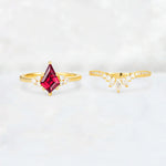 Kite Cut Ruby Marquise Cluster Bridal Ring Set - White-Gold