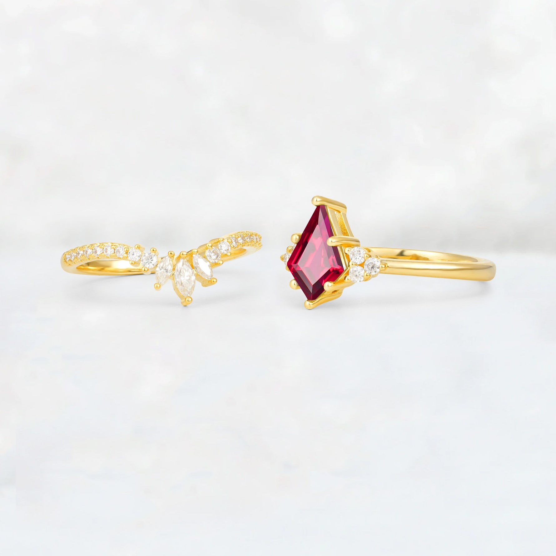 Kite Cut Ruby Marquise Cluster Bridal Ring Set - Additional view