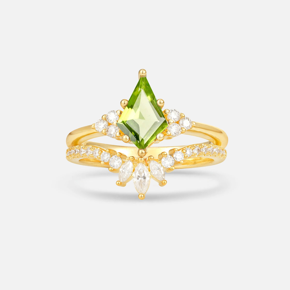 Kite Cut Peridot Marquise Cluster Bridal Ring Set - Yellow-Gold