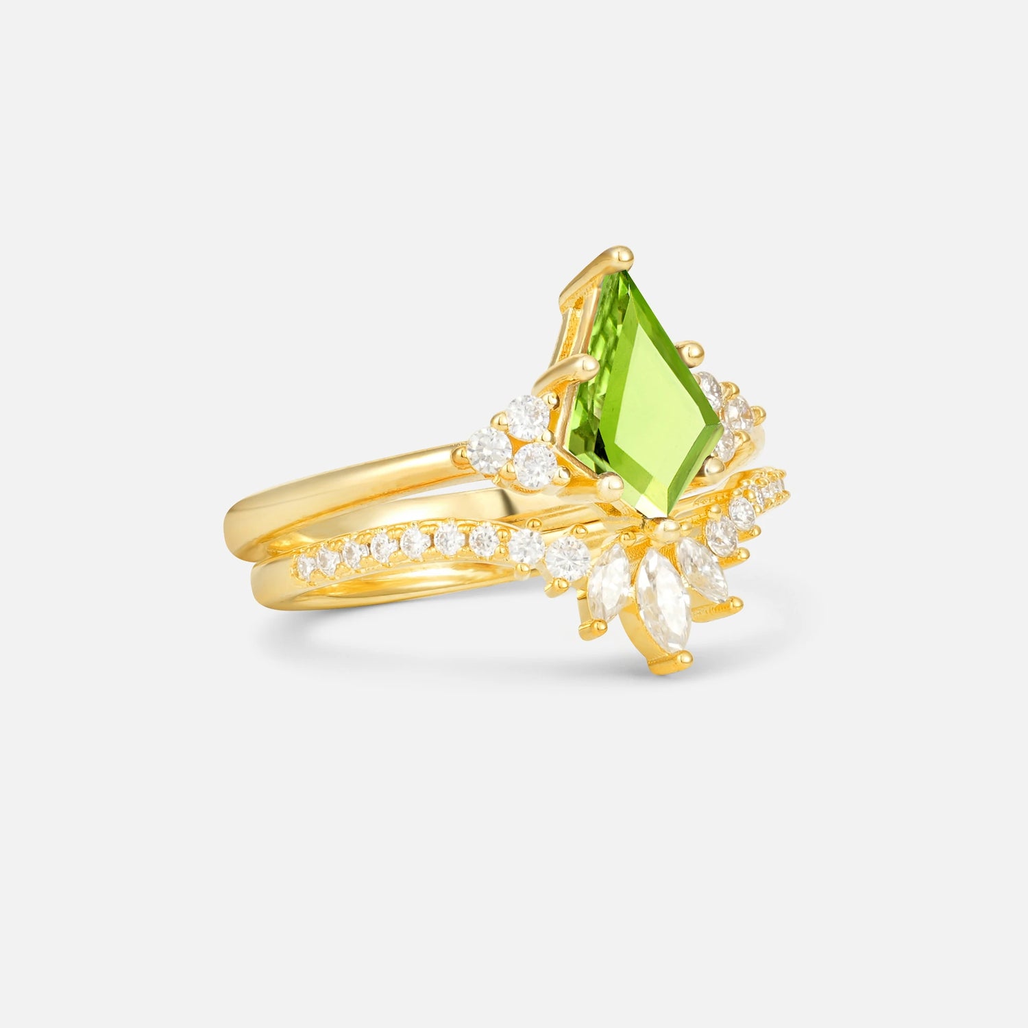 Kite Cut Peridot Marquise Cluster Bridal Ring Set - Rose-Gold