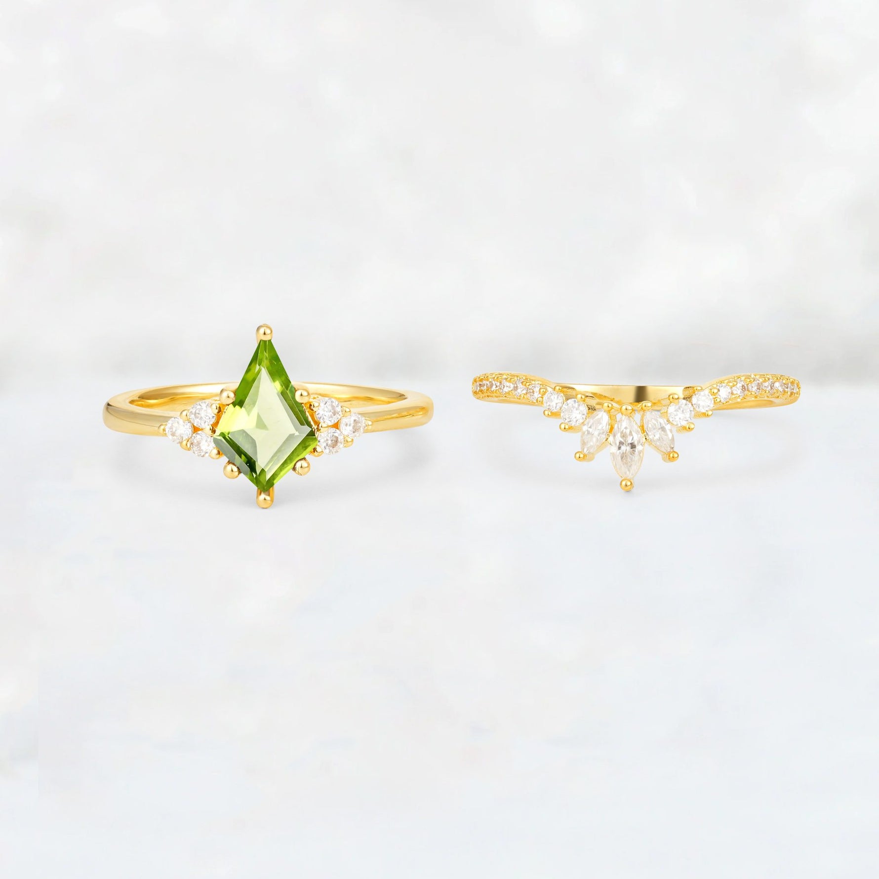 Kite Cut Peridot Marquise Cluster Bridal Ring Set - White-Gold