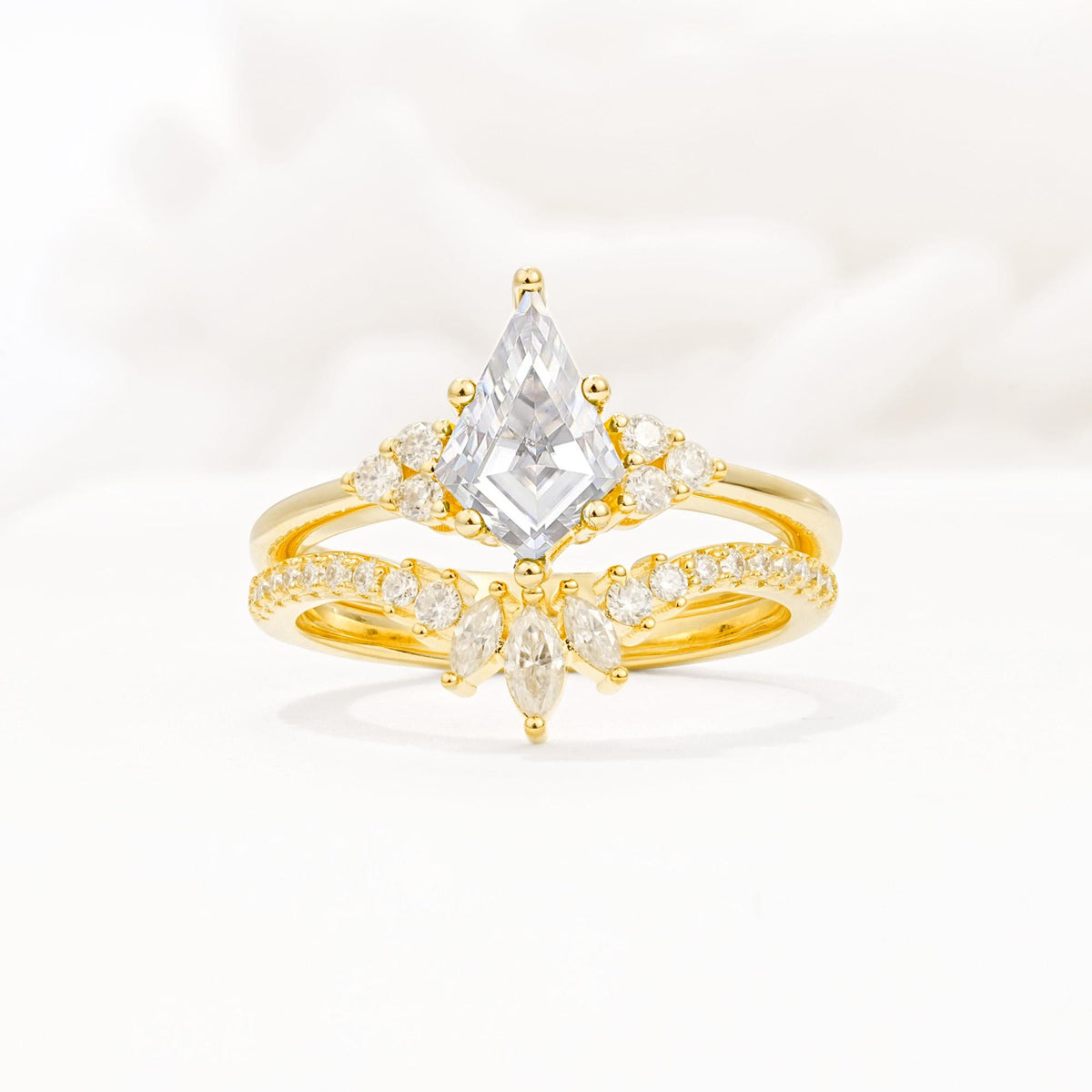 Kite Cut Moissanite Engagement Ring Set with Sunburst Curved Band - Yellow-Gold