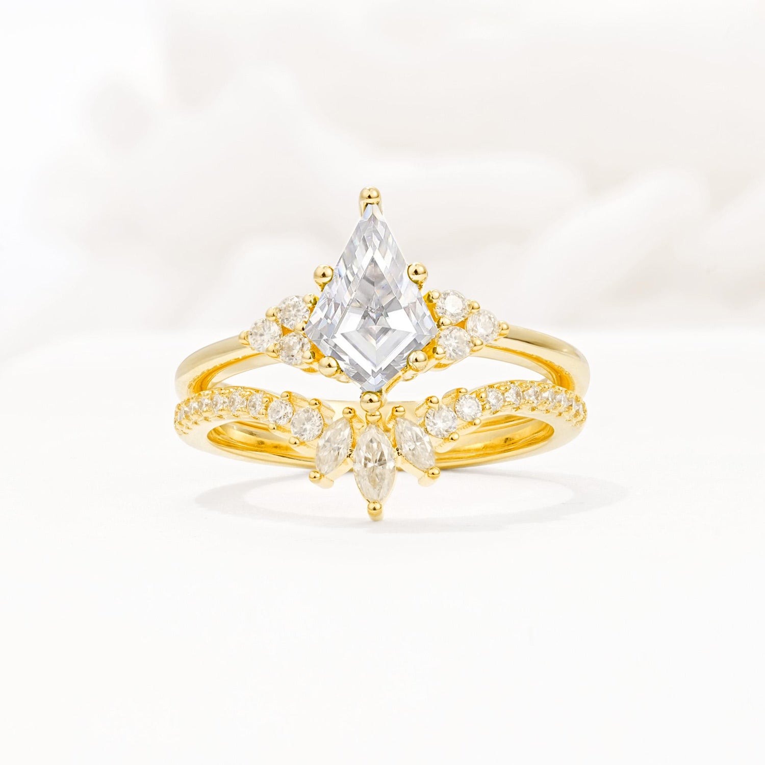 Kite Cut Moissanite Engagement Ring Set with Sunburst Curved Band - Yellow-Gold
