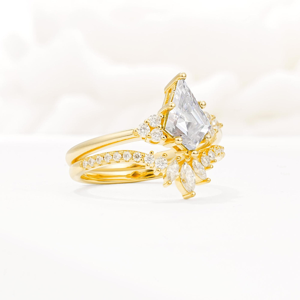 Kite Cut Moissanite Engagement Ring Set with Sunburst Curved Band - Rose-Gold