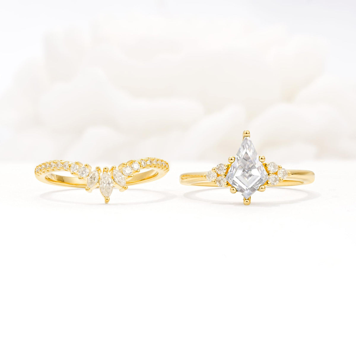 Kite Cut Moissanite Engagement Ring Set with Sunburst Curved Band - White-Gold