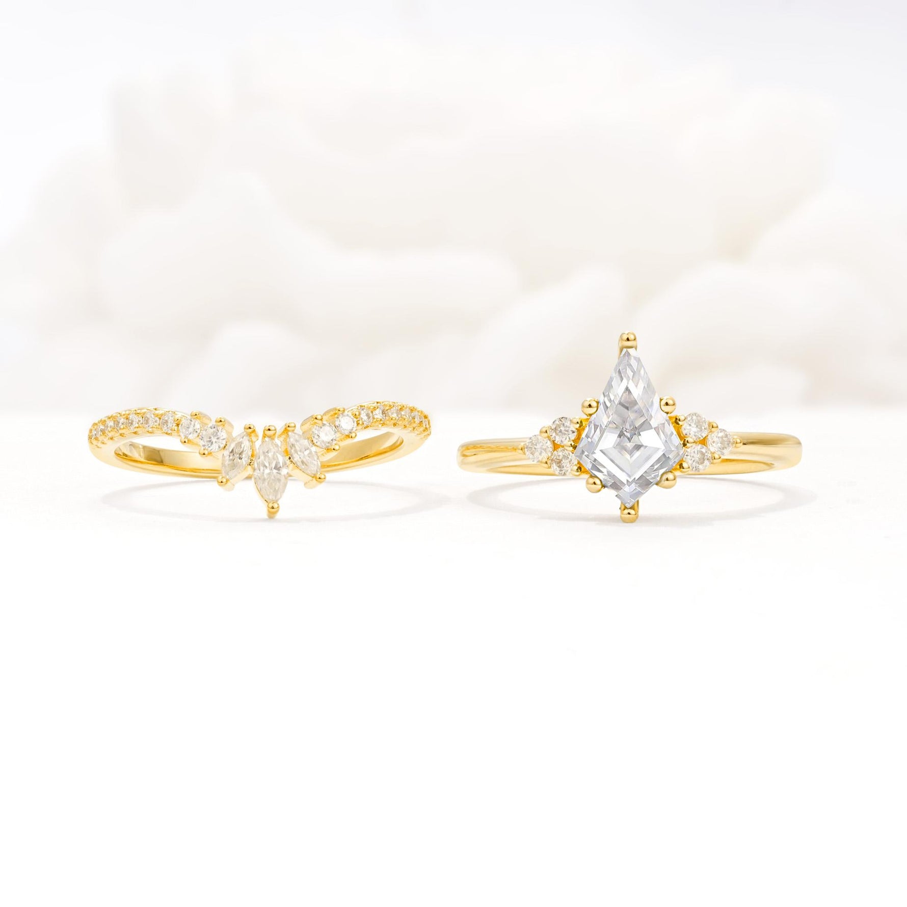 Kite Cut Moissanite Engagement Ring Set with Sunburst Curved Band - White-Gold