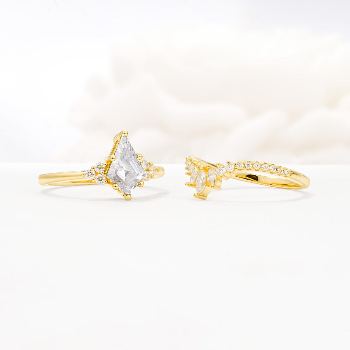 Kite Cut Moissanite Engagement Ring Set with Sunburst Curved Band - Additional view