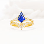 Kite Cut Sapphire Engagement Ring Set with Sunburst Curved Band - Yellow-Gold