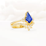 Kite Cut Sapphire Engagement Ring Set with Sunburst Curved Band - Rose-Gold