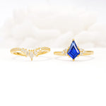 Kite Cut Sapphire Engagement Ring Set with Sunburst Curved Band - White-Gold