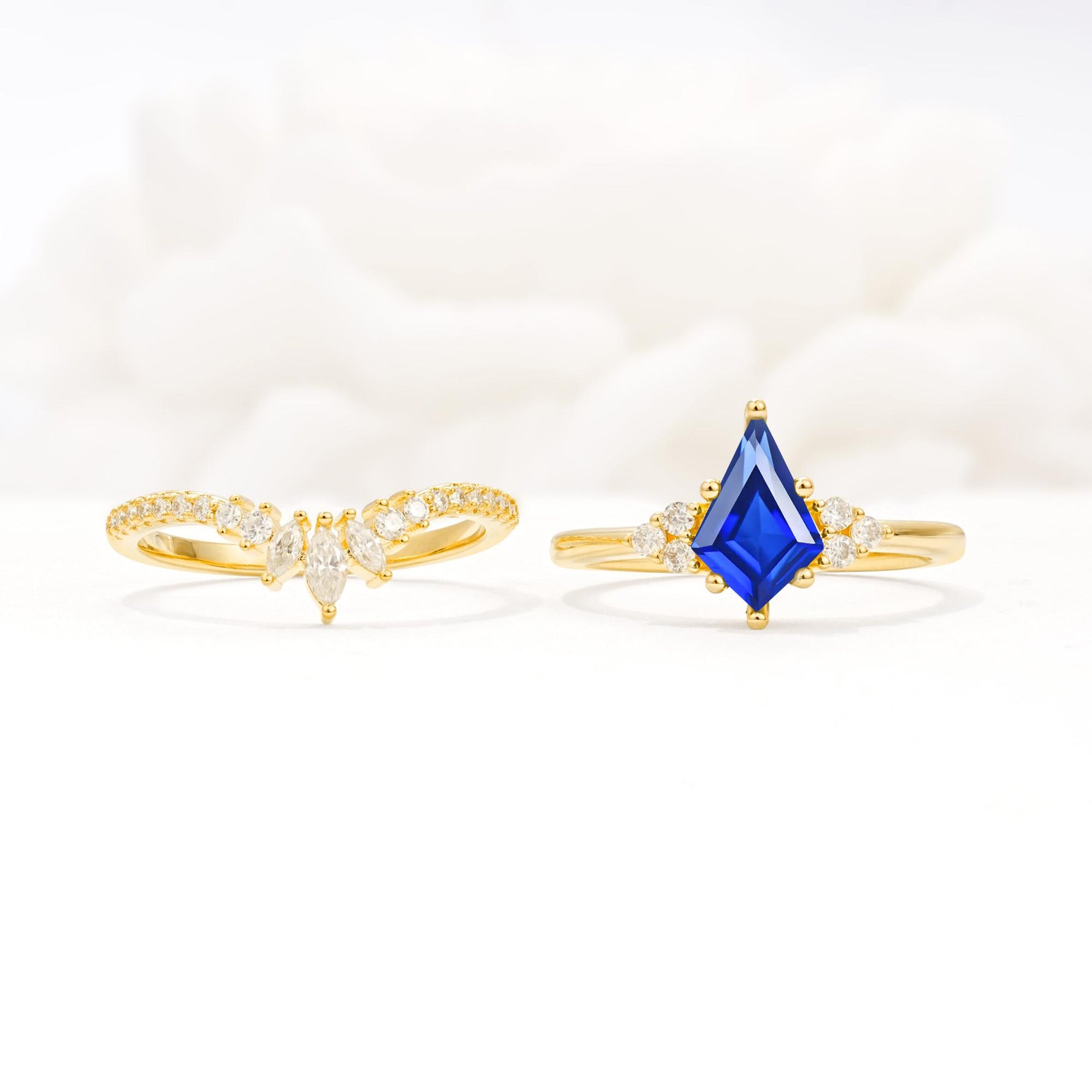 Kite Cut Sapphire Engagement Ring Set with Sunburst Curved Band - White-Gold