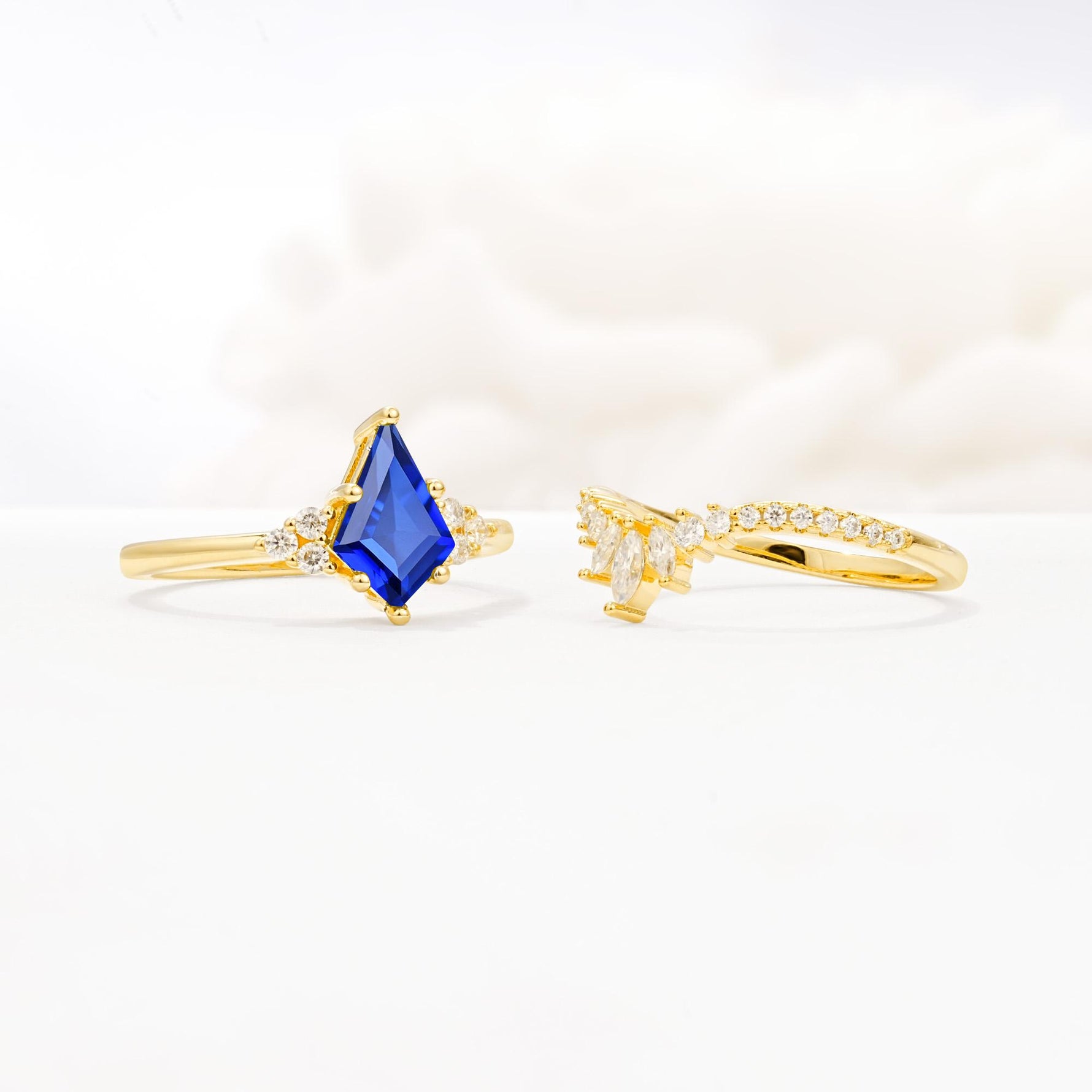 Kite Cut Sapphire Engagement Ring Set with Sunburst Curved Band - Additional view