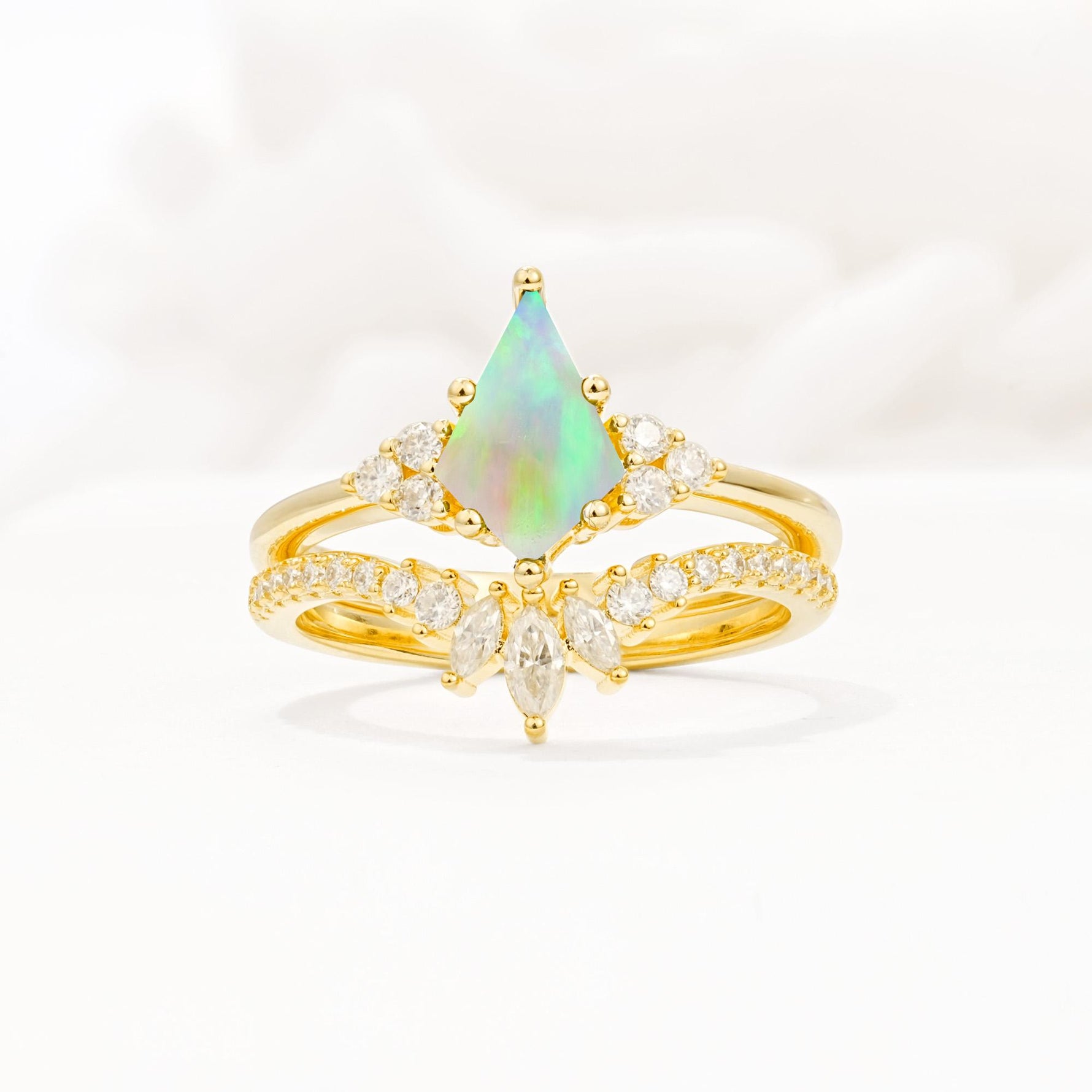 Kite Cut Fire Opal Engagement Ring Set with Sunburst Curved Band - Yellow-Gold