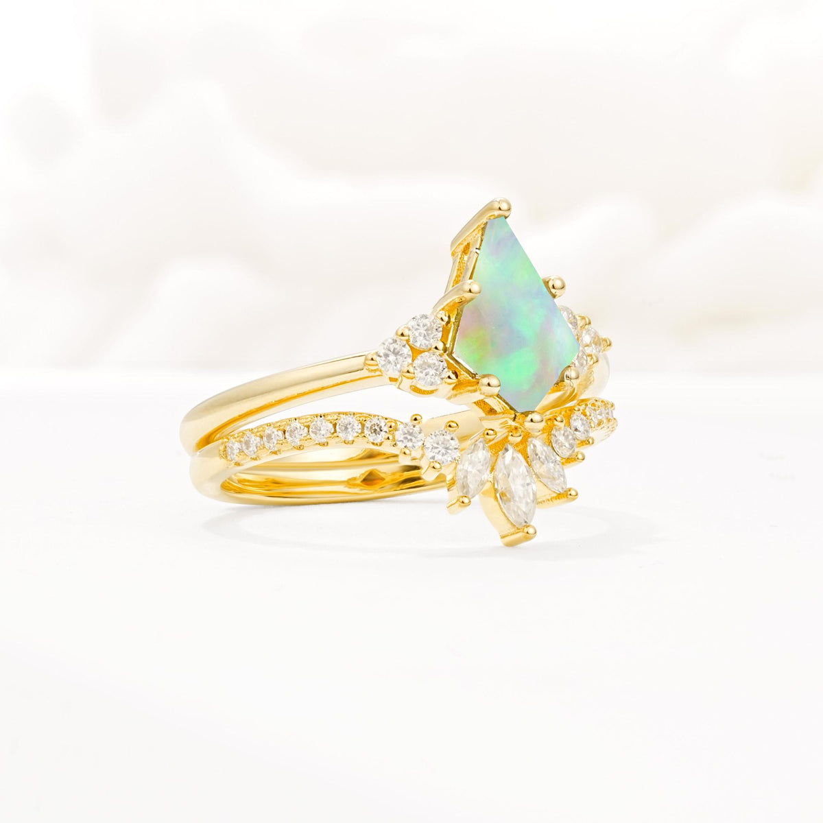 Kite Cut Fire Opal Engagement Ring Set with Sunburst Curved Band - Rose-Gold