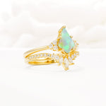Kite Cut Fire Opal Engagement Ring Set with Sunburst Curved Band - Rose-Gold