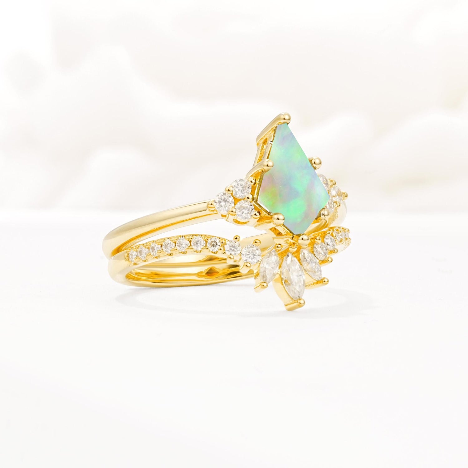 Kite Cut Fire Opal Engagement Ring Set with Sunburst Curved Band - Rose-Gold