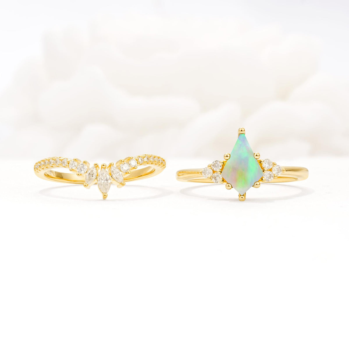 Kite Cut Fire Opal Engagement Ring Set with Sunburst Curved Band - White-Gold