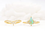Kite Cut Fire Opal Engagement Ring Set with Sunburst Curved Band - White-Gold