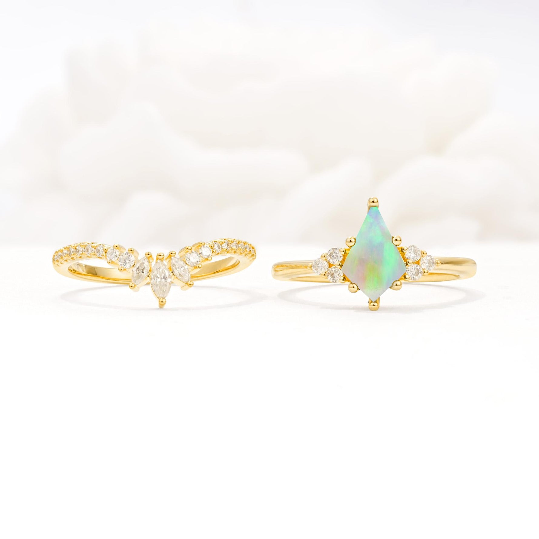 Kite Cut Fire Opal Engagement Ring Set with Sunburst Curved Band - White-Gold