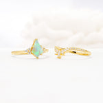 Kite Cut Fire Opal Engagement Ring Set with Sunburst Curved Band - Additional view
