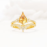 Kite Cut Citrine Engagement Ring Set with Sunburst Curved Band - Yellow-Gold