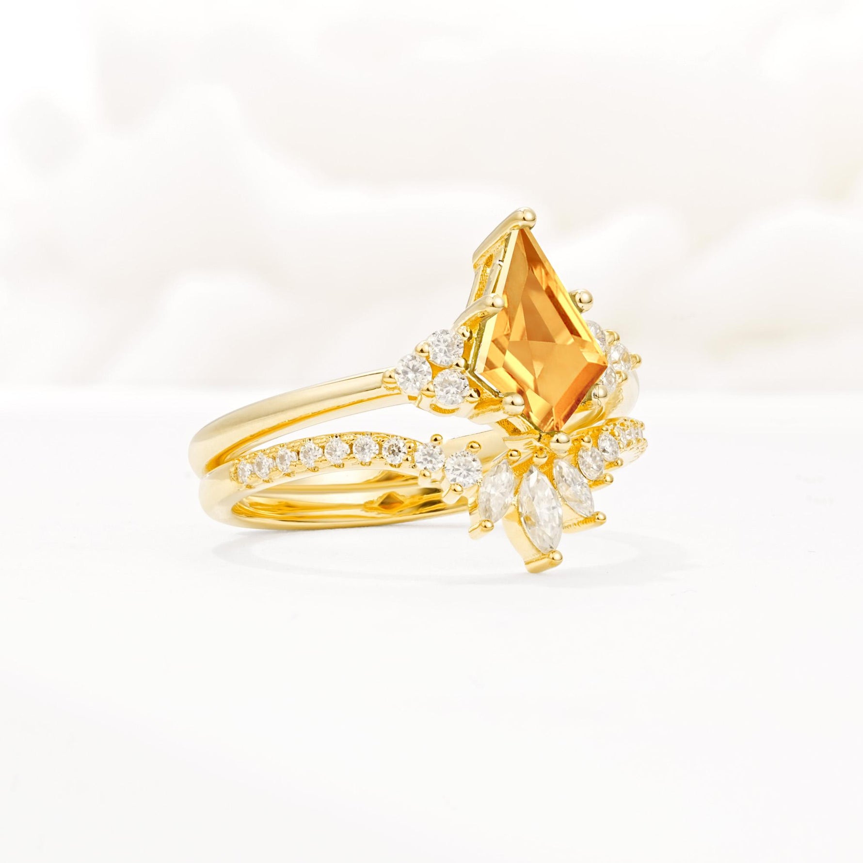 Kite Cut Citrine Engagement Ring Set with Sunburst Curved Band - Rose-Gold