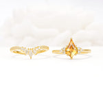 Kite Cut Citrine Engagement Ring Set with Sunburst Curved Band - White-Gold