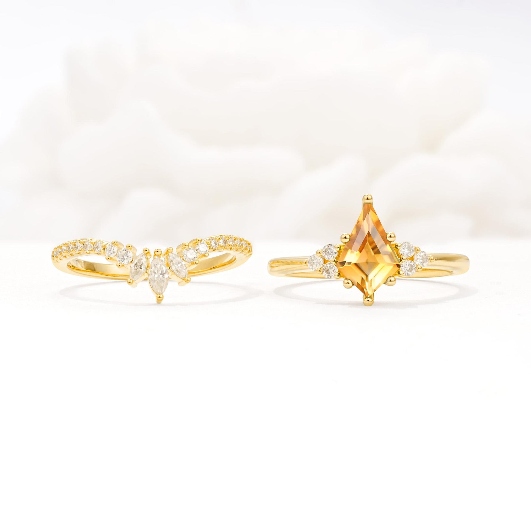 Kite Cut Citrine Engagement Ring Set with Sunburst Curved Band - White-Gold