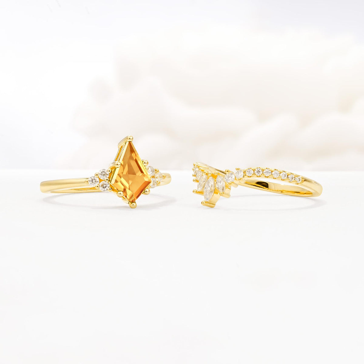 Kite Cut Citrine Engagement Ring Set with Sunburst Curved Band - Additional view