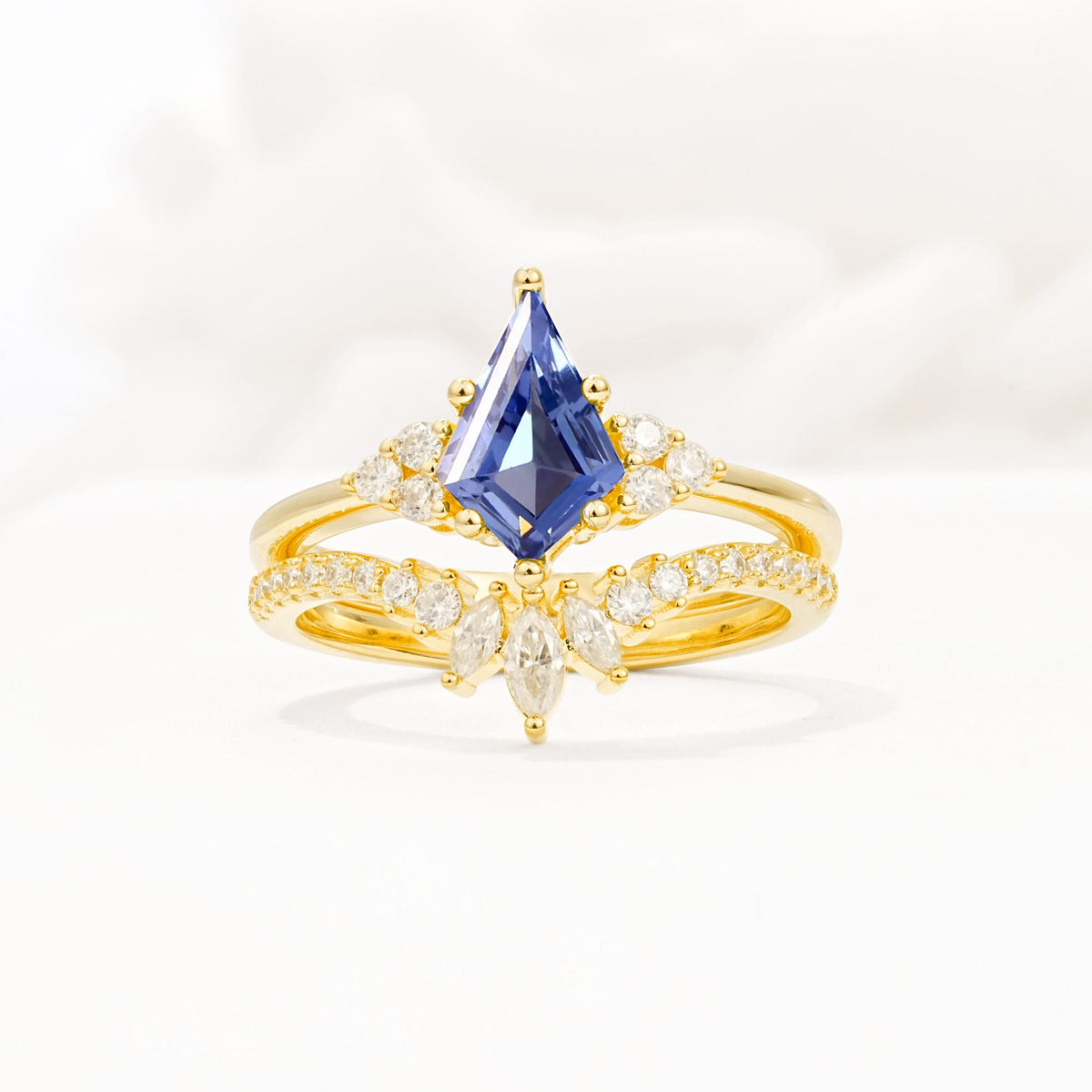 Kite Cut Tanzanite Engagement Ring Set with Sunburst Curved Band - Yellow-Gold