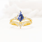Kite Cut Tanzanite Engagement Ring Set with Sunburst Curved Band - Yellow-Gold