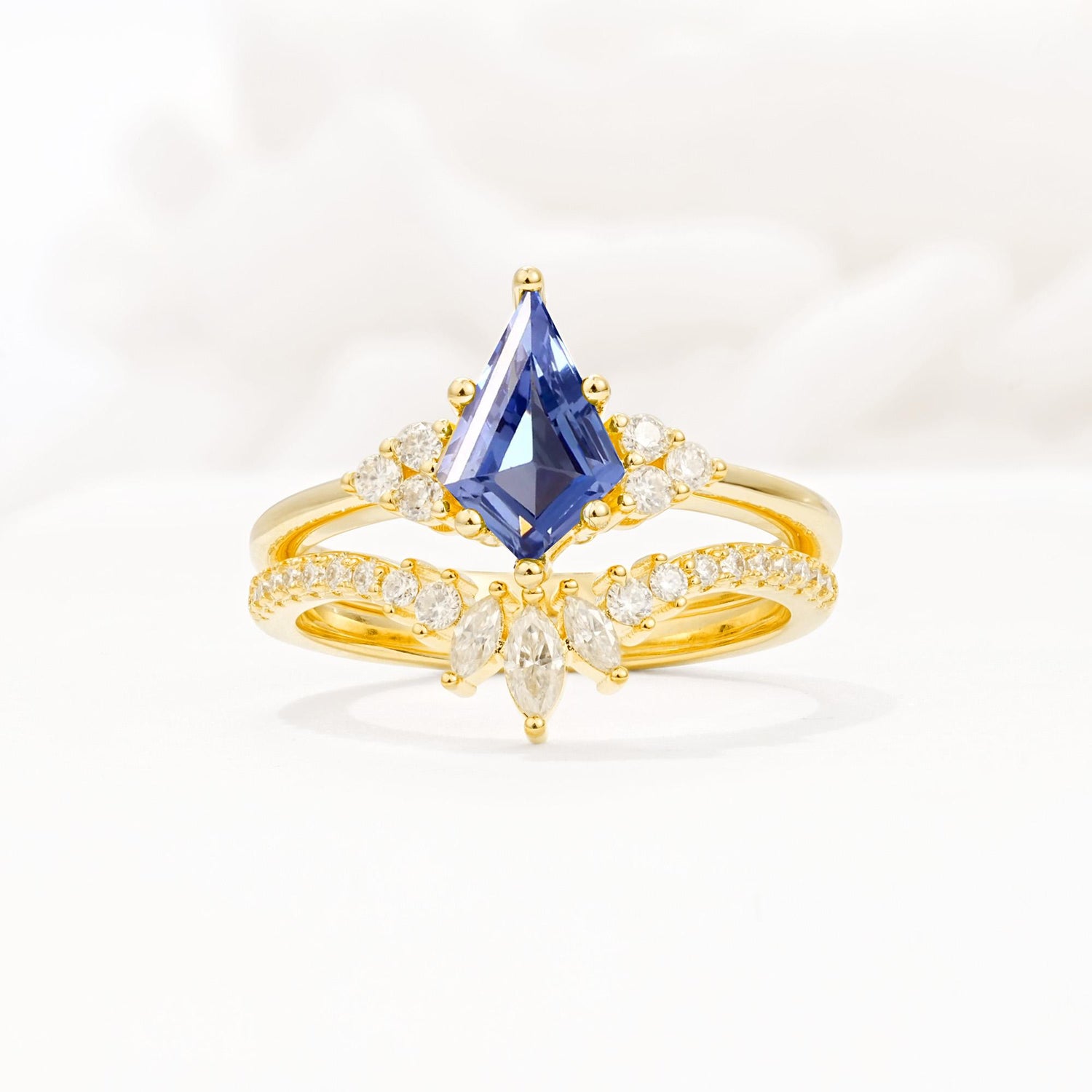 Kite Cut Tanzanite Engagement Ring Set with Sunburst Curved Band - Yellow-Gold