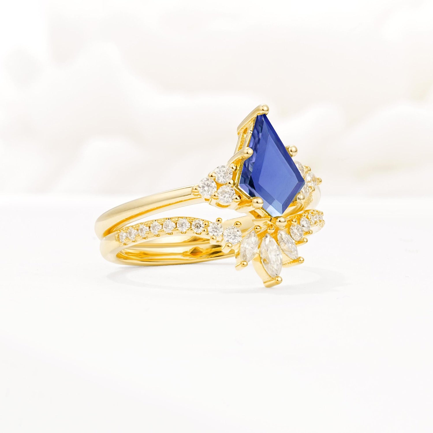 Kite Cut Tanzanite Engagement Ring Set with Sunburst Curved Band - Rose-Gold