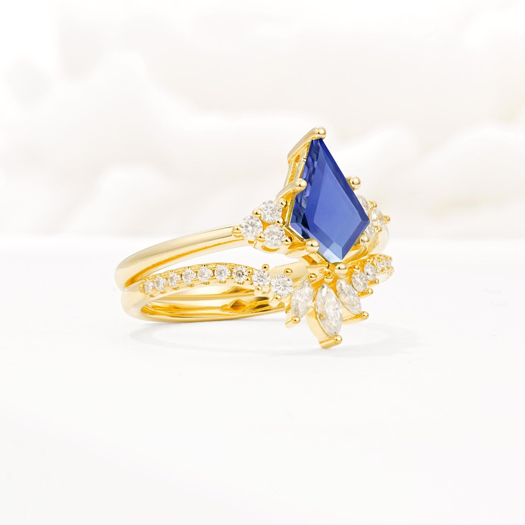Kite Cut Tanzanite Engagement Ring Set with Sunburst Curved Band - Rose-Gold