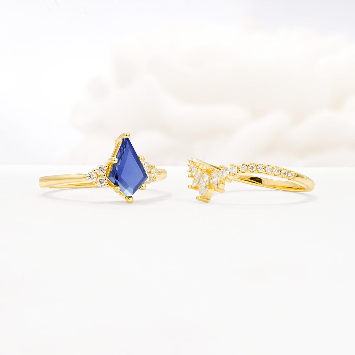 Kite Cut Tanzanite Engagement Ring Set with Sunburst Curved Band - Additional view