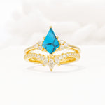 Kite Cut Turquoise Engagement Ring Set with Sunburst Curved Band - Yellow-Gold