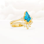 Kite Cut Turquoise Engagement Ring Set with Sunburst Curved Band - Rose-Gold