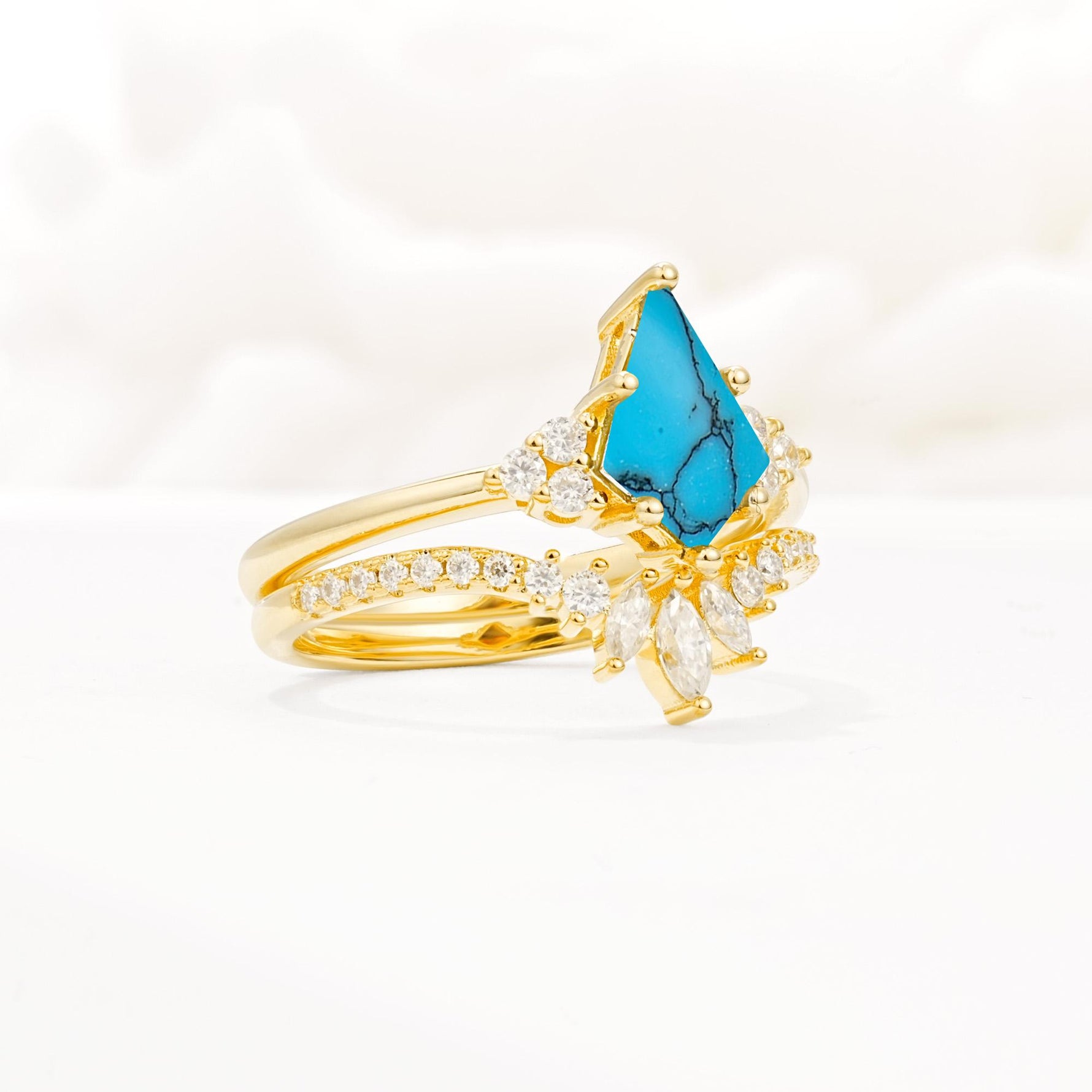Kite Cut Turquoise Engagement Ring Set with Sunburst Curved Band - Rose-Gold