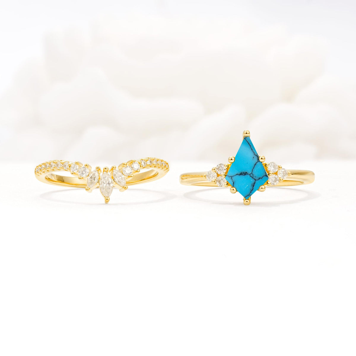 Kite Cut Turquoise Engagement Ring Set with Sunburst Curved Band - White-Gold