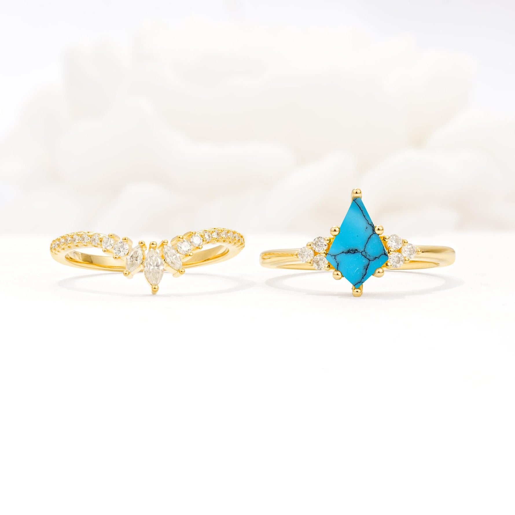 Kite Cut Turquoise Engagement Ring Set with Sunburst Curved Band - White-Gold
