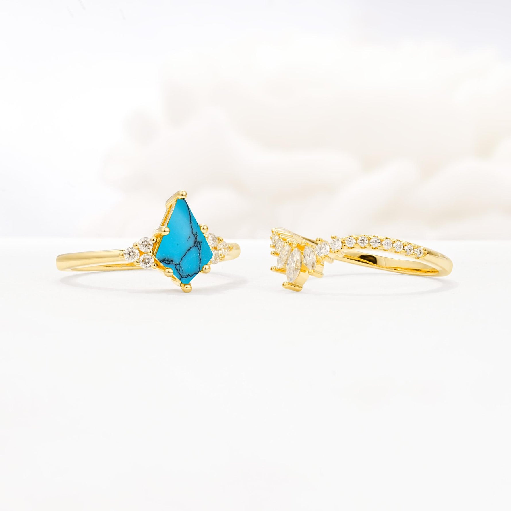 Kite Cut Turquoise Engagement Ring Set with Sunburst Curved Band - Additional view