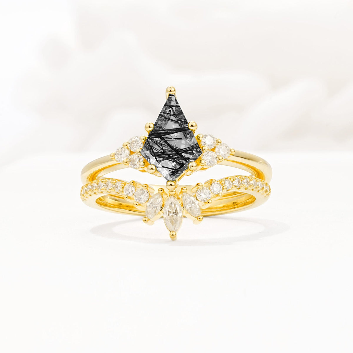 Kite Cut Black Rutilated Quartz Engagement Ring Set with Sunburst Curved Band - Yellow-Gold