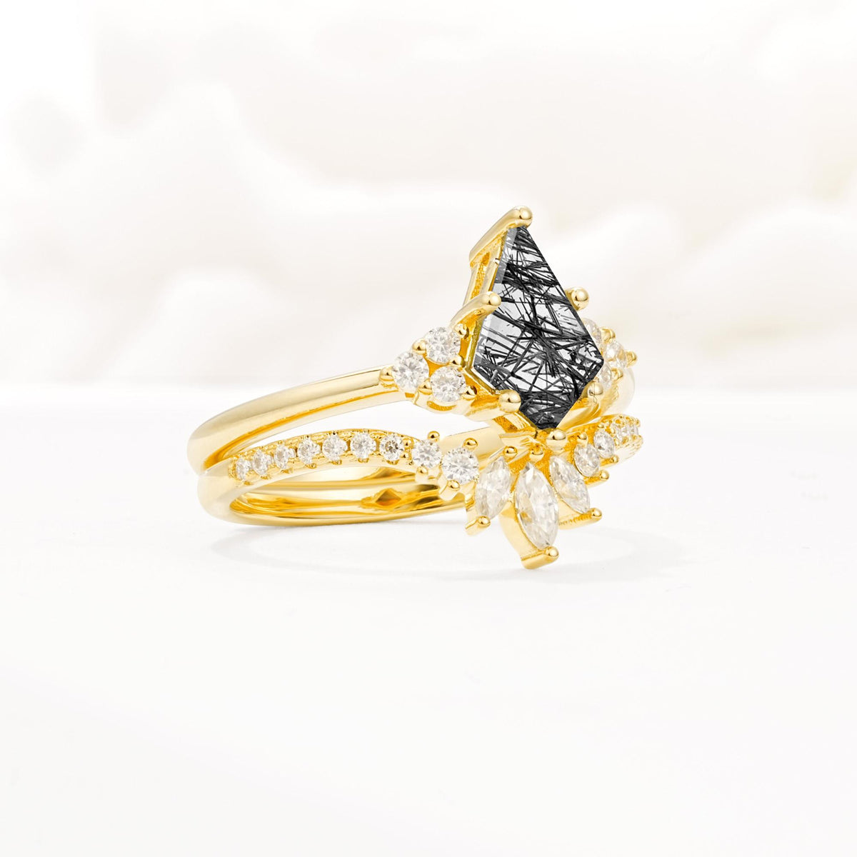 Kite Cut Black Rutilated Quartz Engagement Ring Set with Sunburst Curved Band - Rose-Gold