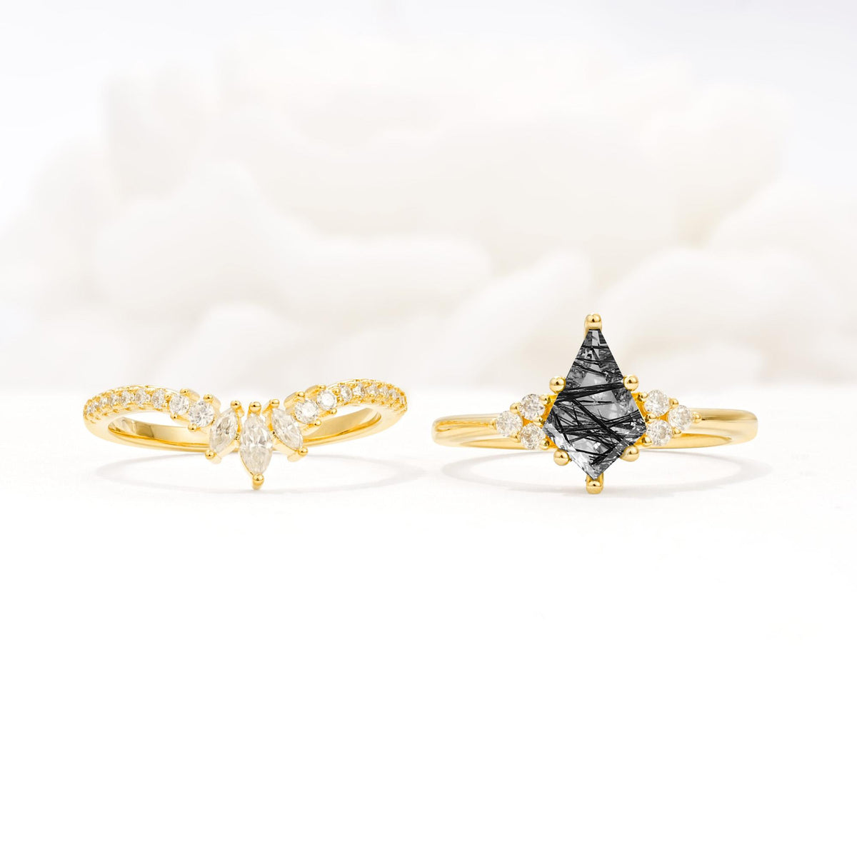 Kite Cut Black Rutilated Quartz Engagement Ring Set with Sunburst Curved Band - White-Gold
