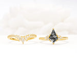 Kite Cut Black Rutilated Quartz Engagement Ring Set with Sunburst Curved Band - White-Gold
