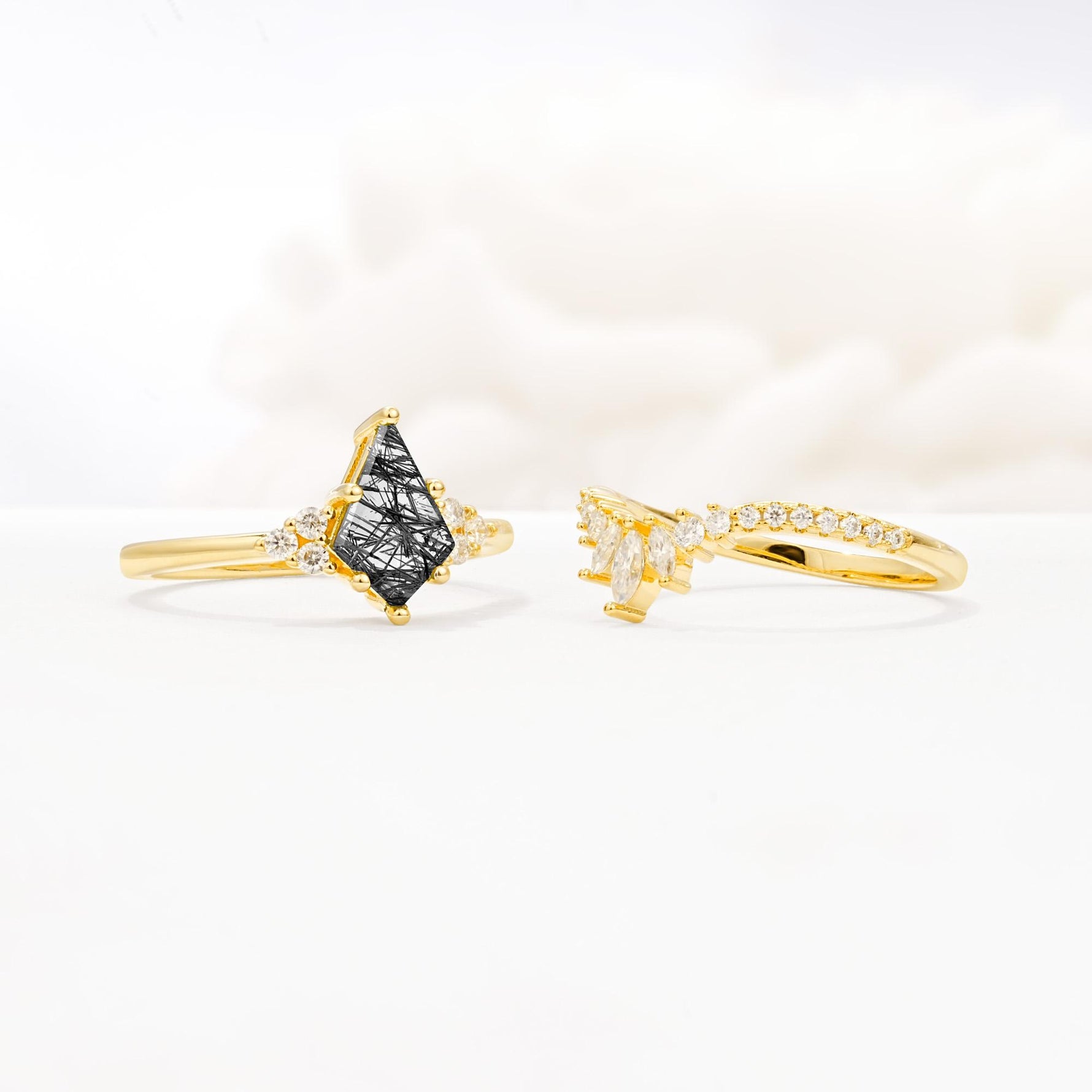Kite Cut Black Rutilated Quartz Engagement Ring Set with Sunburst Curved Band - Additional view