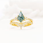 Kite Cut Moss Agate Engagement Ring Set with Sunburst Curved Band - Yellow-Gold