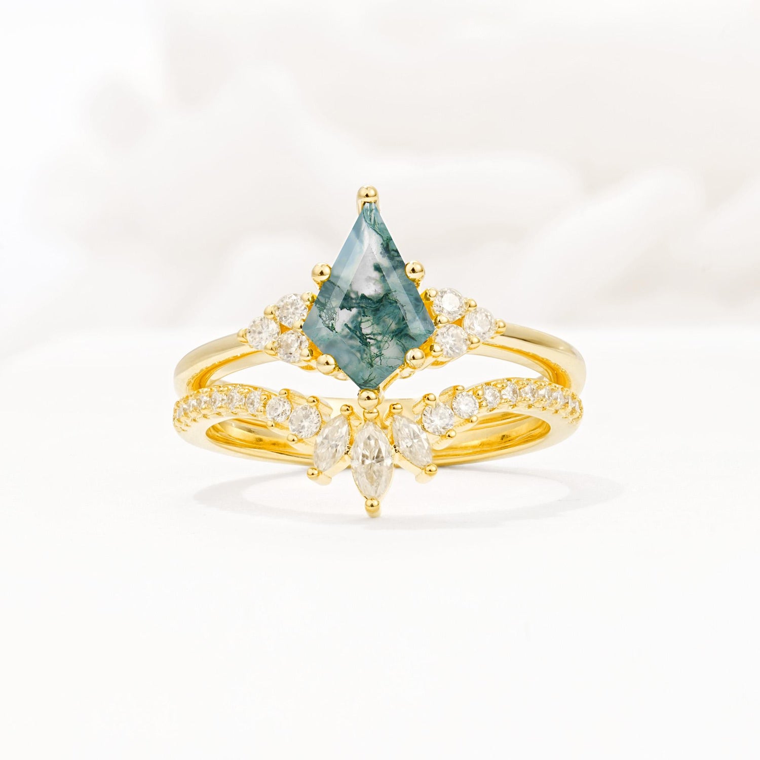 Kite Cut Moss Agate Engagement Ring Set with Sunburst Curved Band - Yellow-Gold
