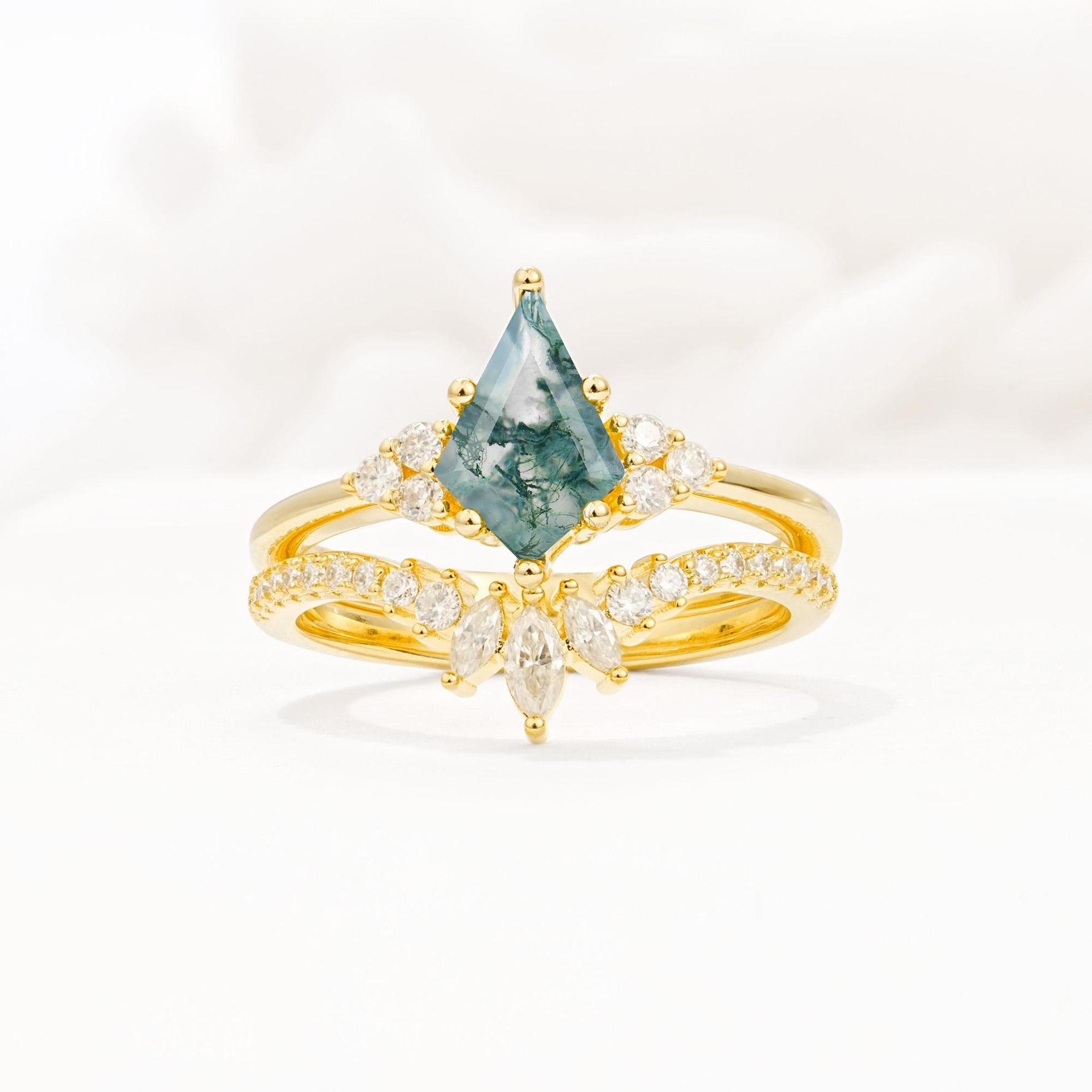 Kite Cut Moss Agate Engagement Ring Set with Sunburst Curved Band - Yellow-Gold