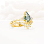 Kite Cut Moss Agate Engagement Ring Set with Sunburst Curved Band - Rose-Gold